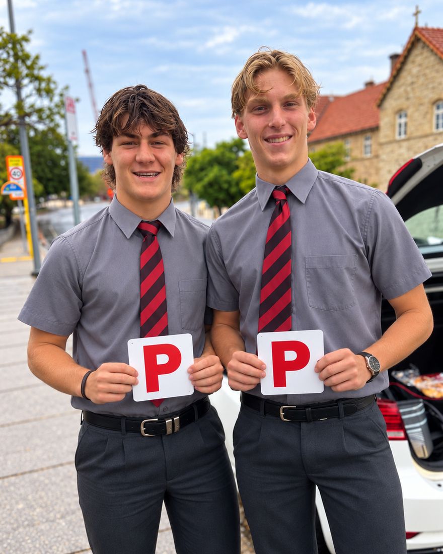Will and Ben, two smiling young men in school uniform, hold up their red P plates beside a car after both passing their driving tests first go with A Safe Start