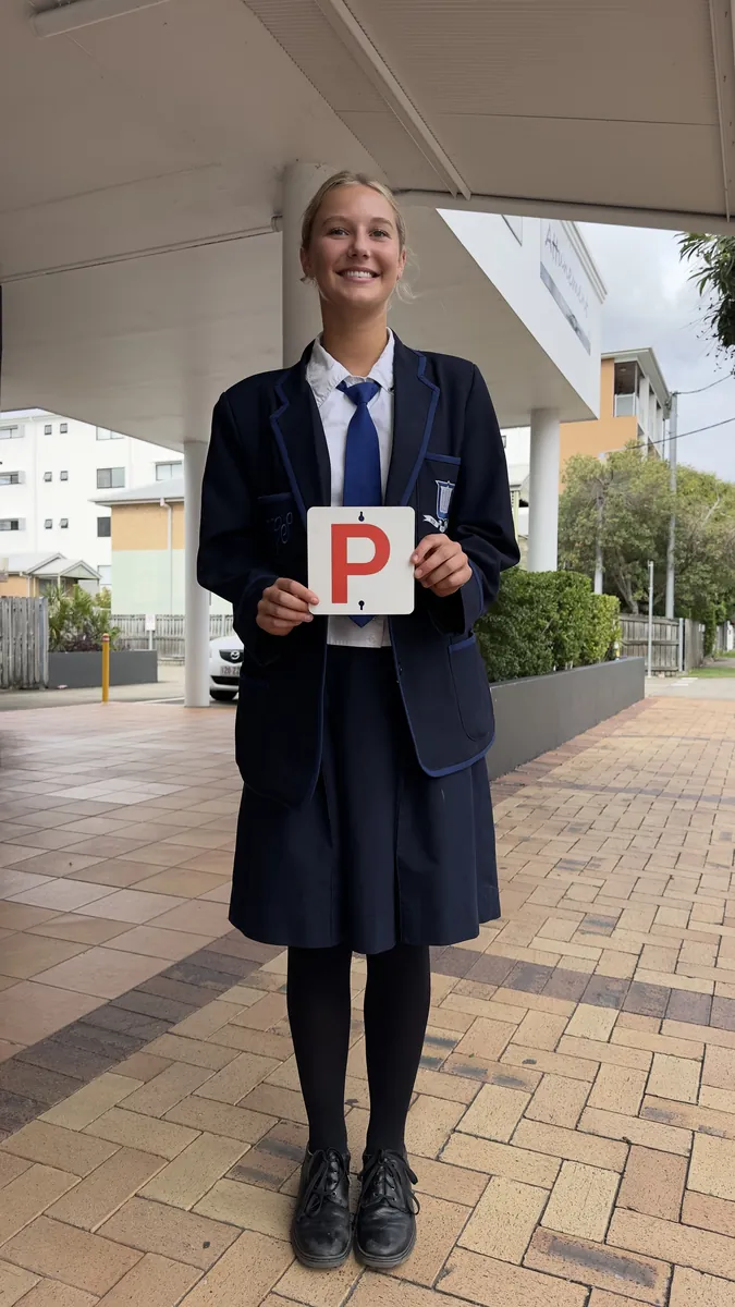 Penny smiling with her P plate after passing her driving test at Sherwood