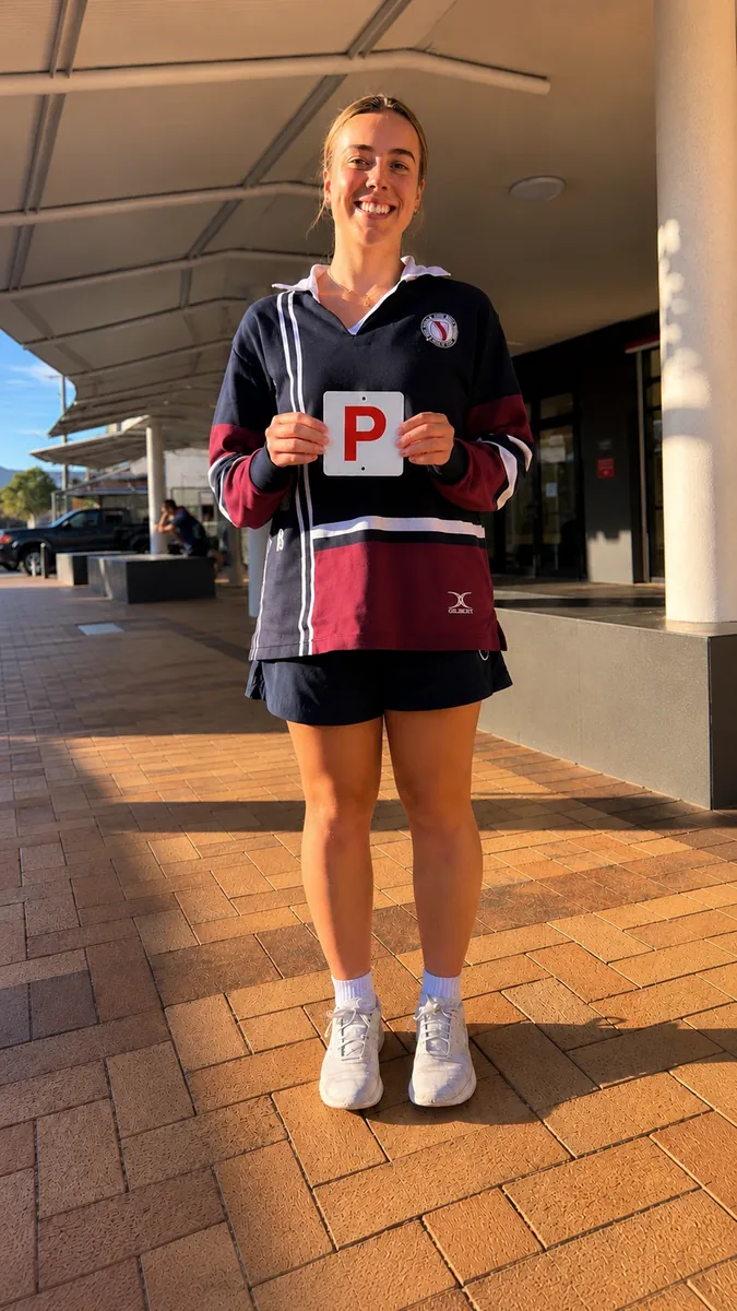 Poppy smiling with her P plate after passing first go at Sherwood