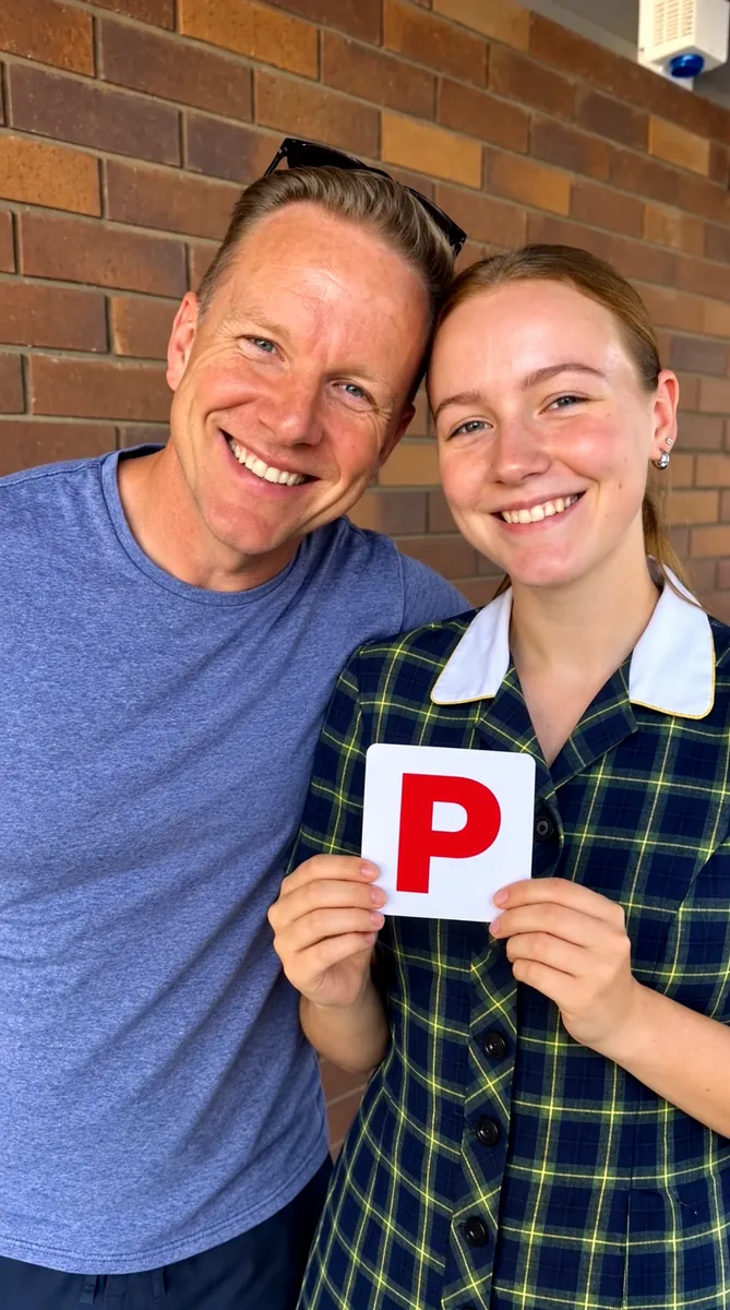 Georgina holding her P plate with her dad after passing first go
