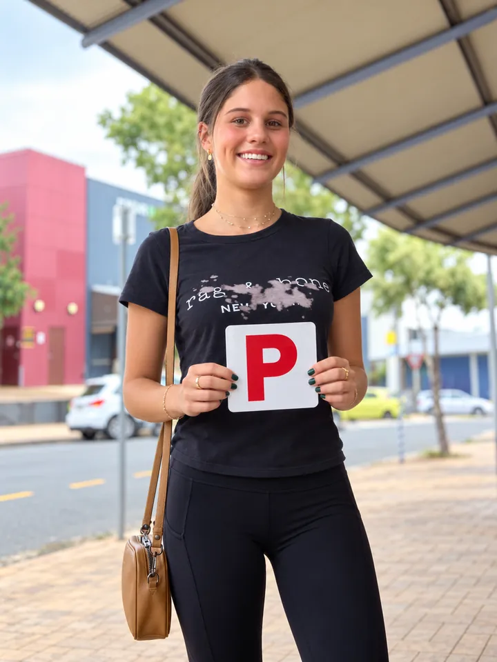Jordana holding her P plate after passing first go at Sherwood