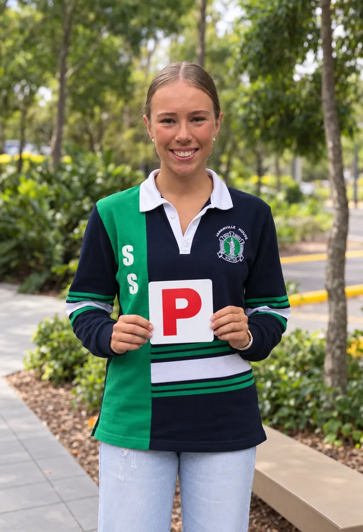 Sophia smiling with her P plate after passing first go in a manual