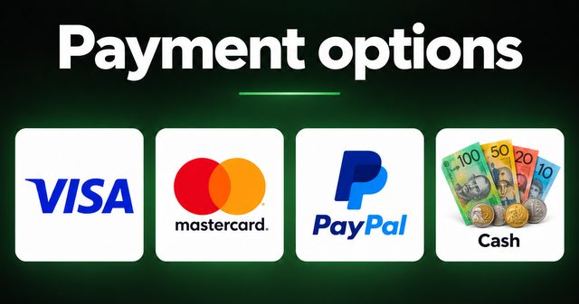 Payment options: Visa, Mastercard, PayPal and cash